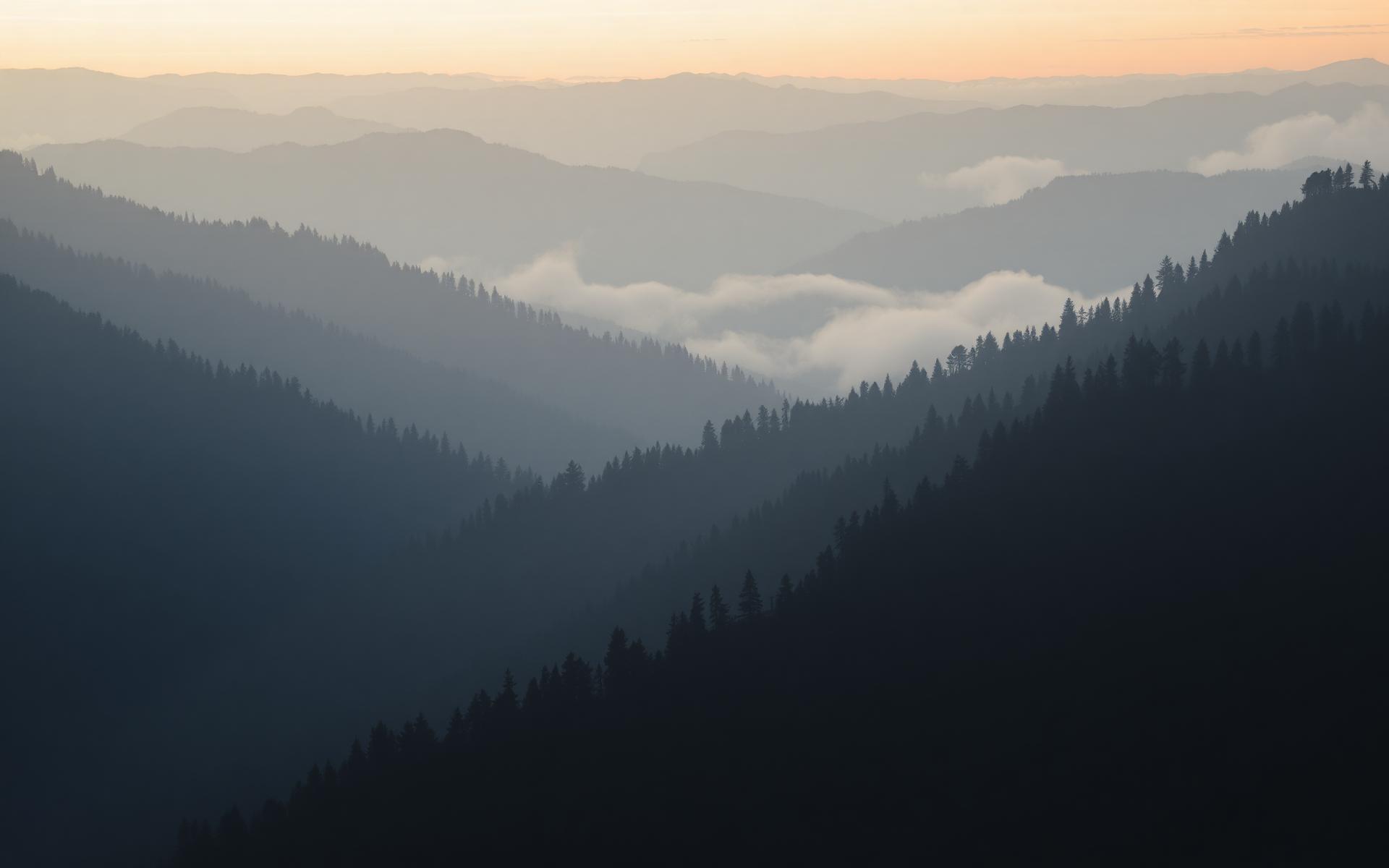 Misty layered mountain range at dawn